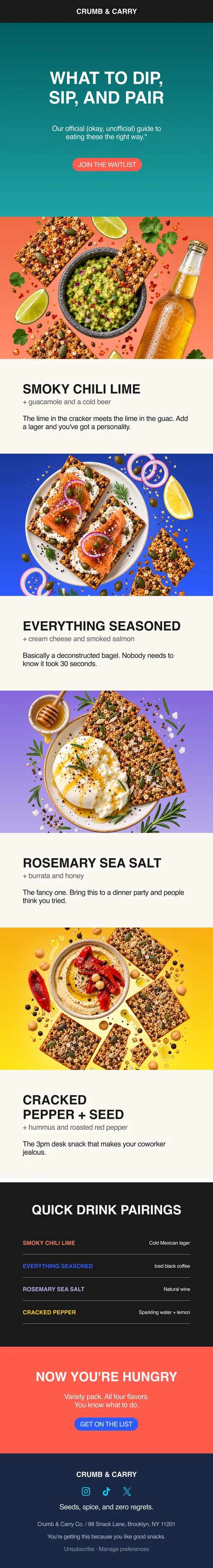 Crumb & Carry email: “What to dip, sip, and pair”