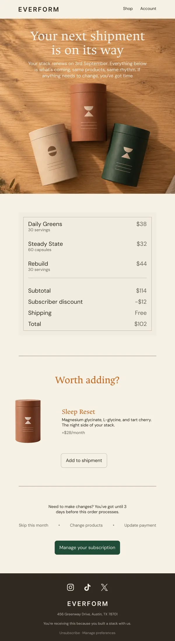 Everform email: “Your next shipment is on its way”