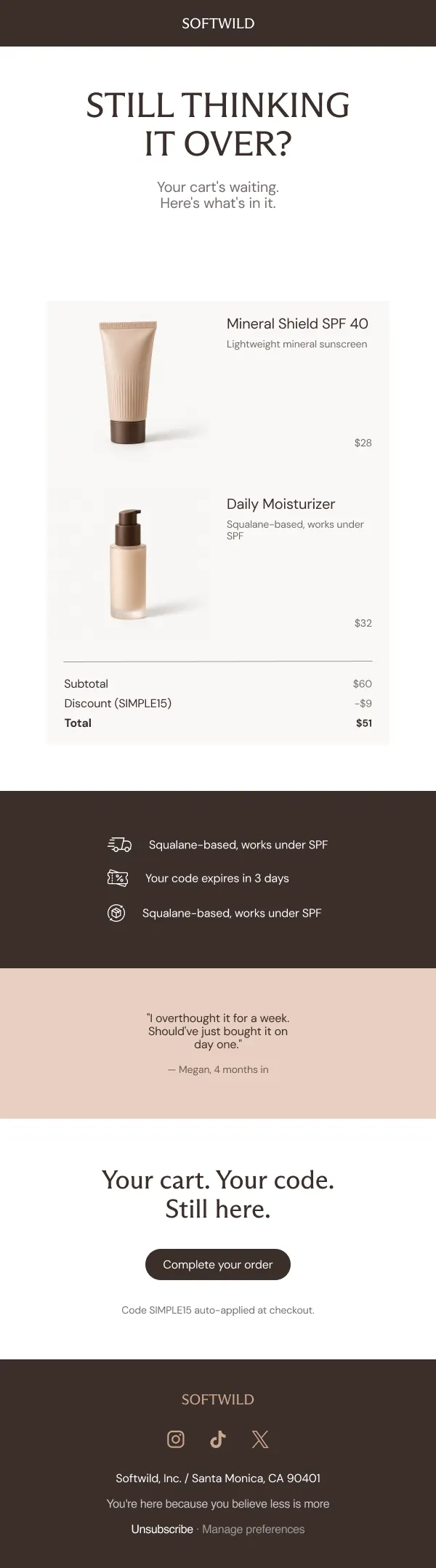Softwild email: “Still thinking it over?”, cart reminder